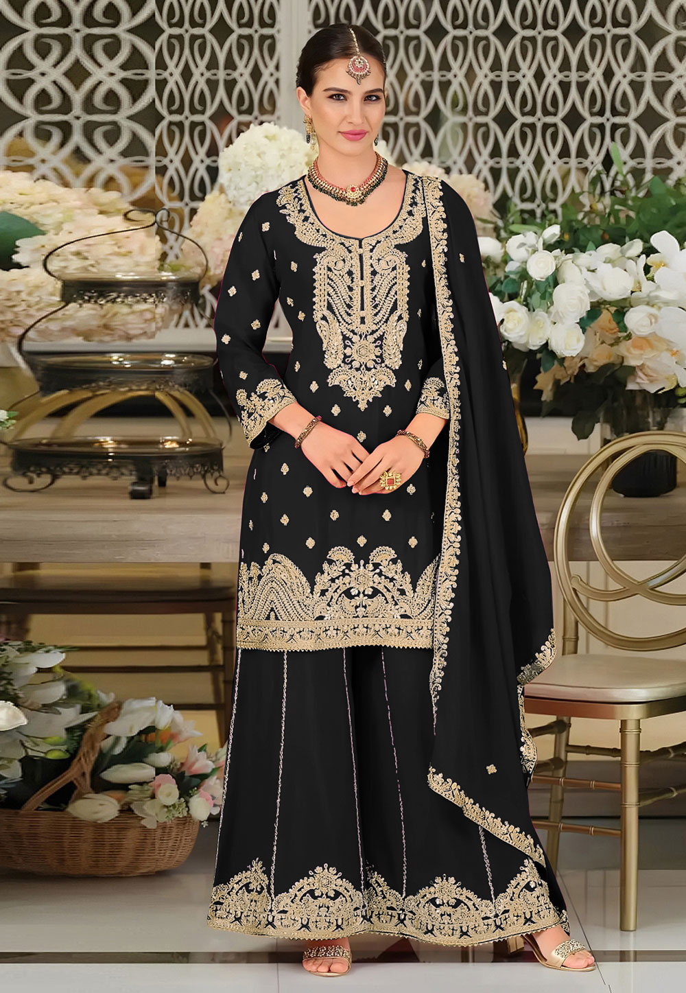 Black Chinon Silk Pakistani Suit 330385