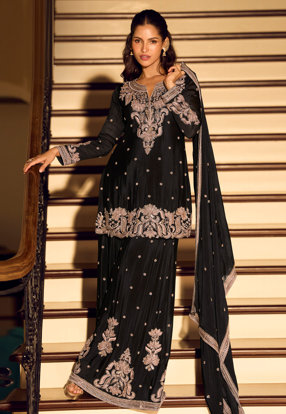 Black Chinon Silk Palazzo Suit 322079