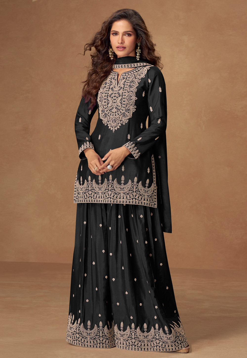 Black Chinon Silk Palazzo Suit 328693