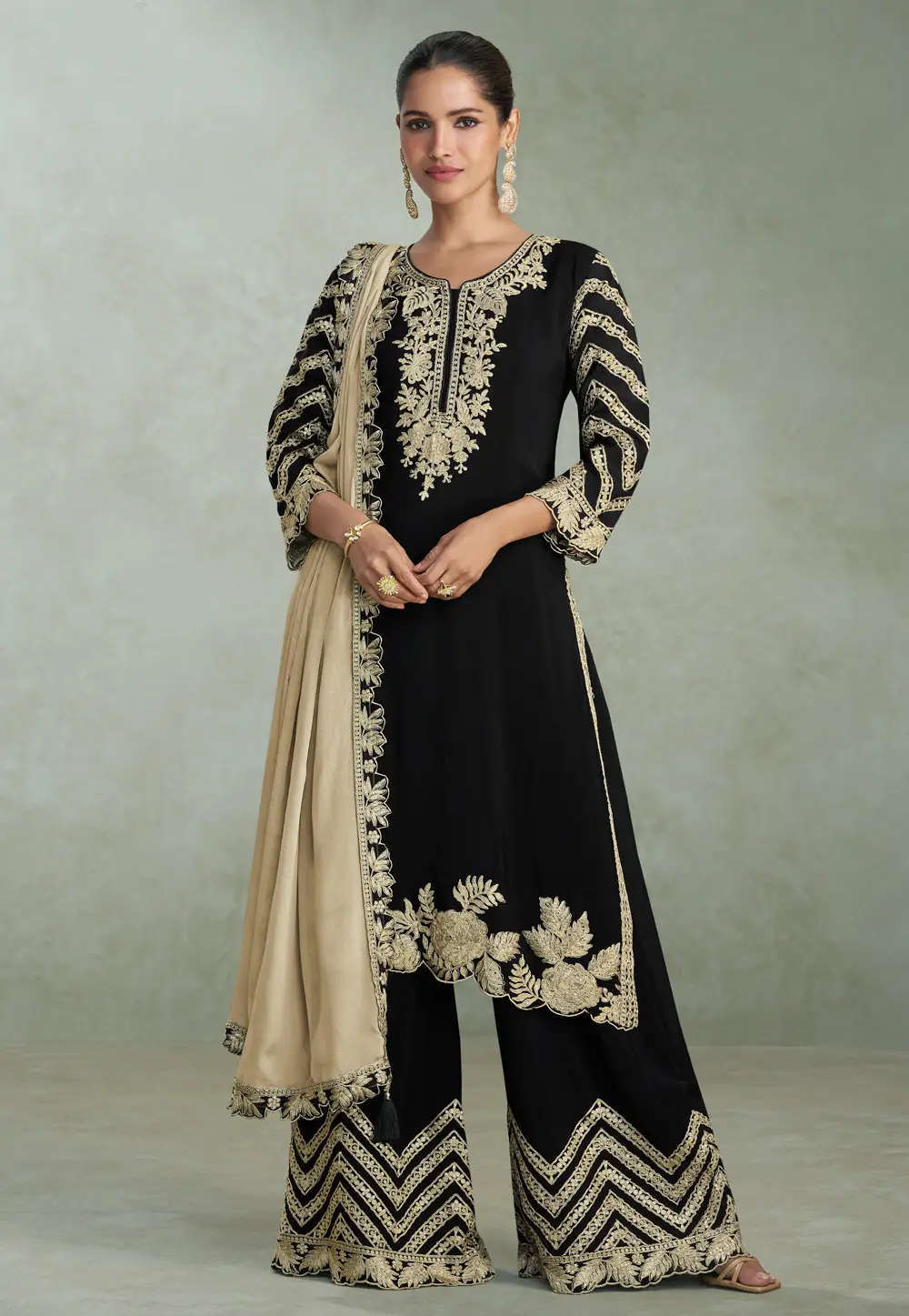 Black Chinon Silk Palazzo Suit 333046