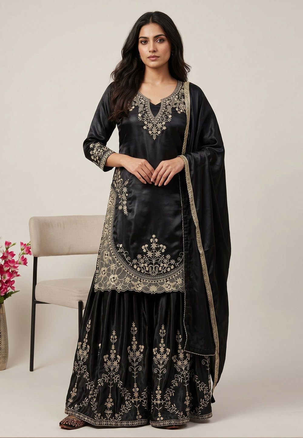 Black Chinon Silk Readymade Gharara Suit 330340