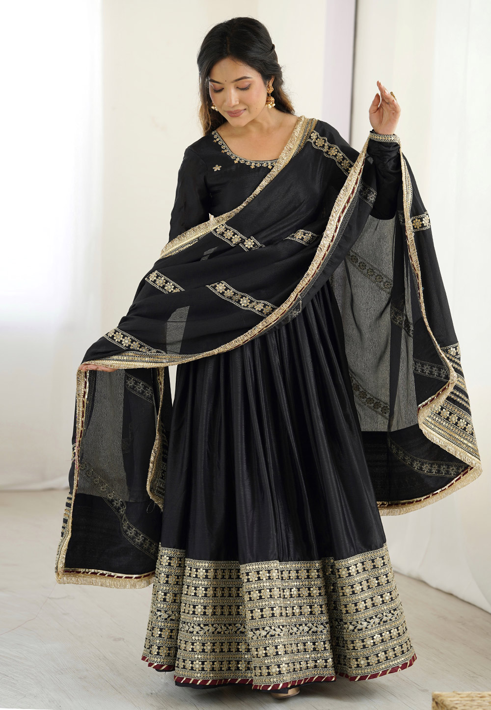 Black Chinon Silk Readymade Long Anarkali Suit 312476