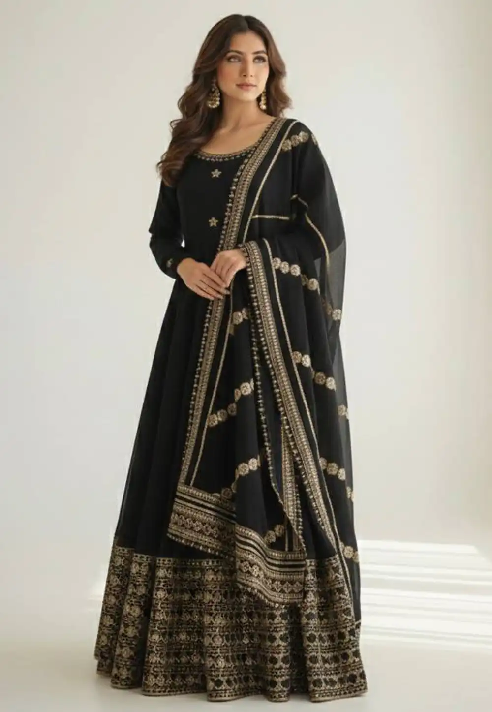 Black Chinon Silk Readymade Long Anarkali Suit 328892