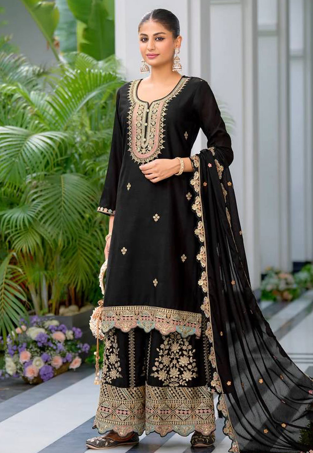 Black Chinon Silk Readymade Pakistani Suit 310753