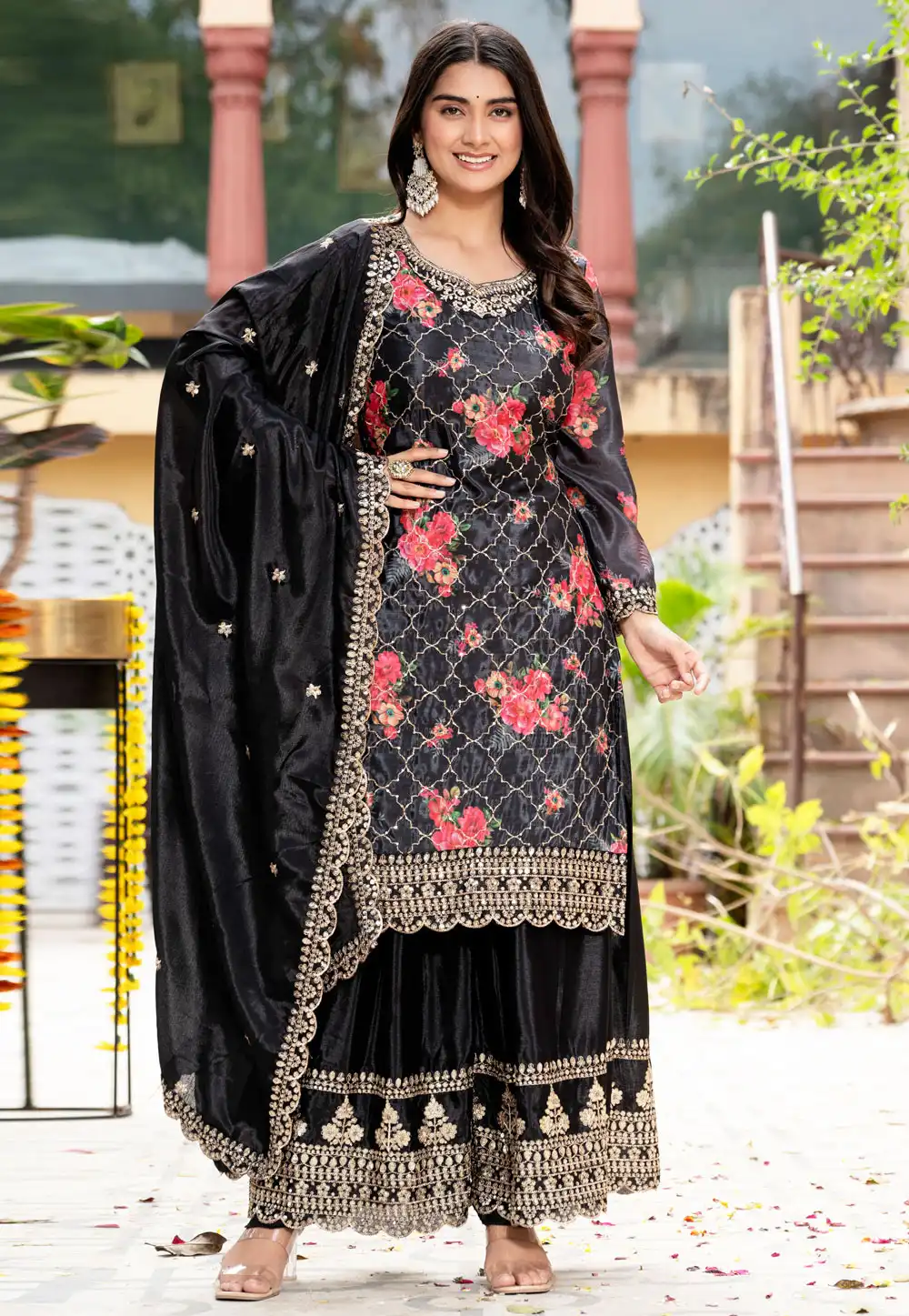 Black Chinon Silk Readymade Pakistani Suit 314482