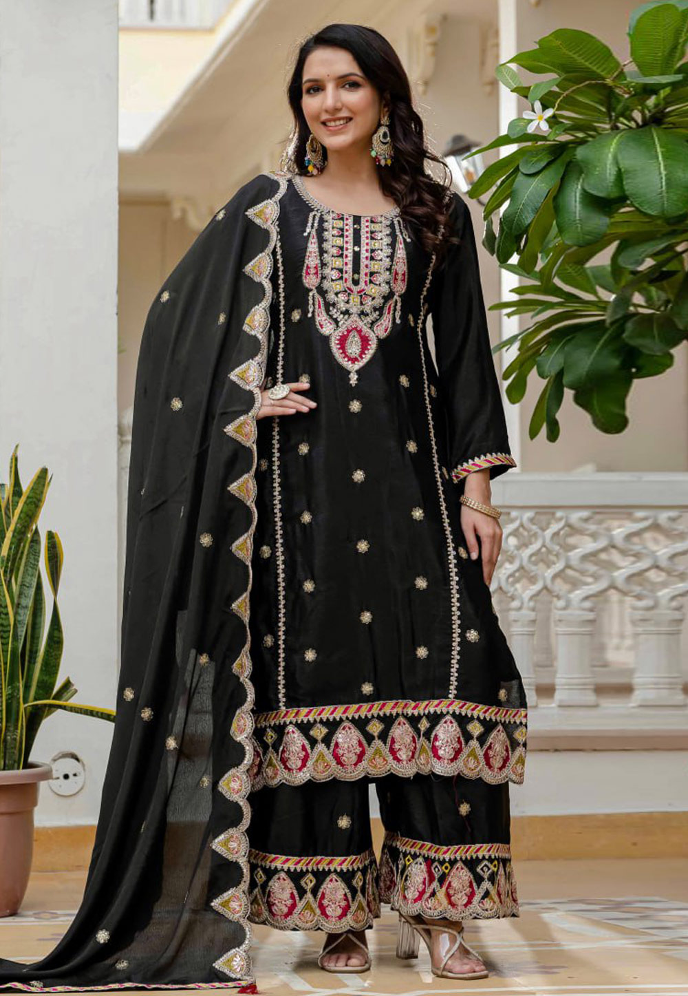 Black Chinon Silk Readymade Pakistani Suit 318769