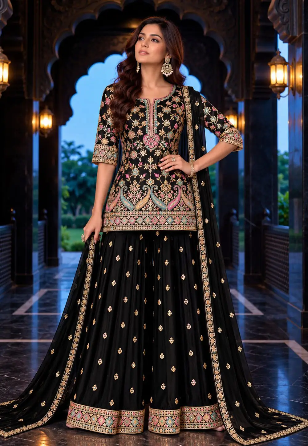 Black Chinon Silk Readymade Palazzo Suit 337260