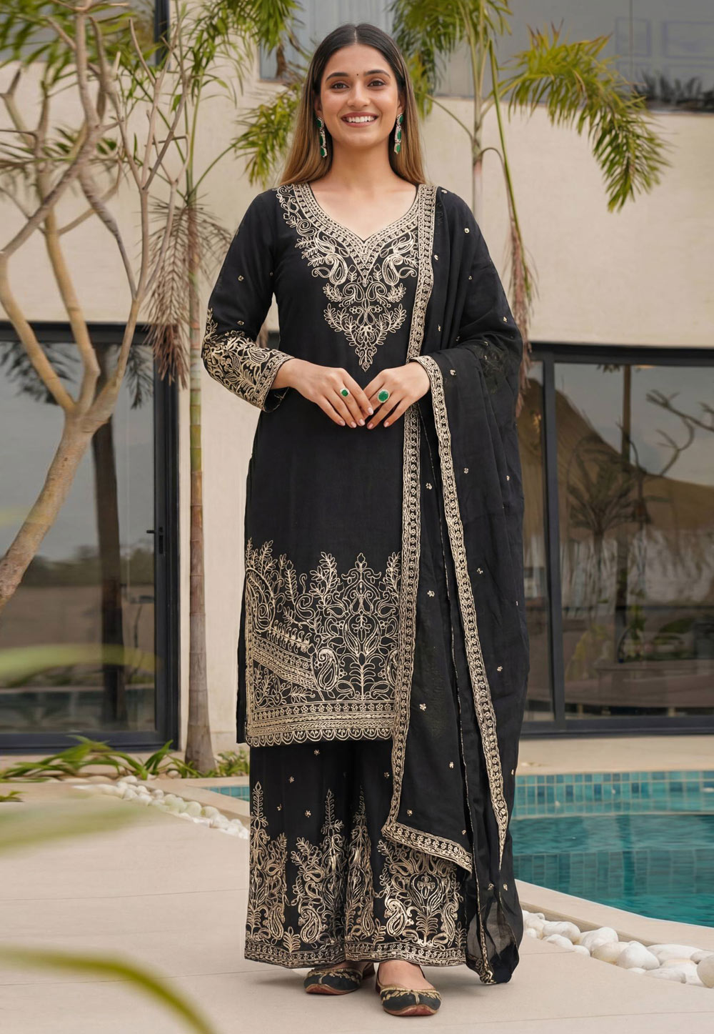 Black Chinon Silk Readymade Palazzo Suit 321476