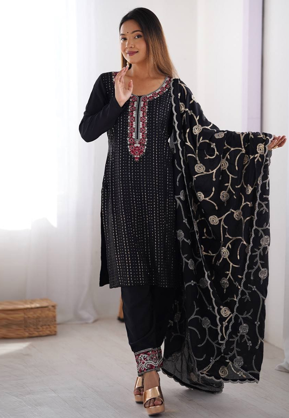 Black Chinon Silk Readymade Pant Style Suit 312148
