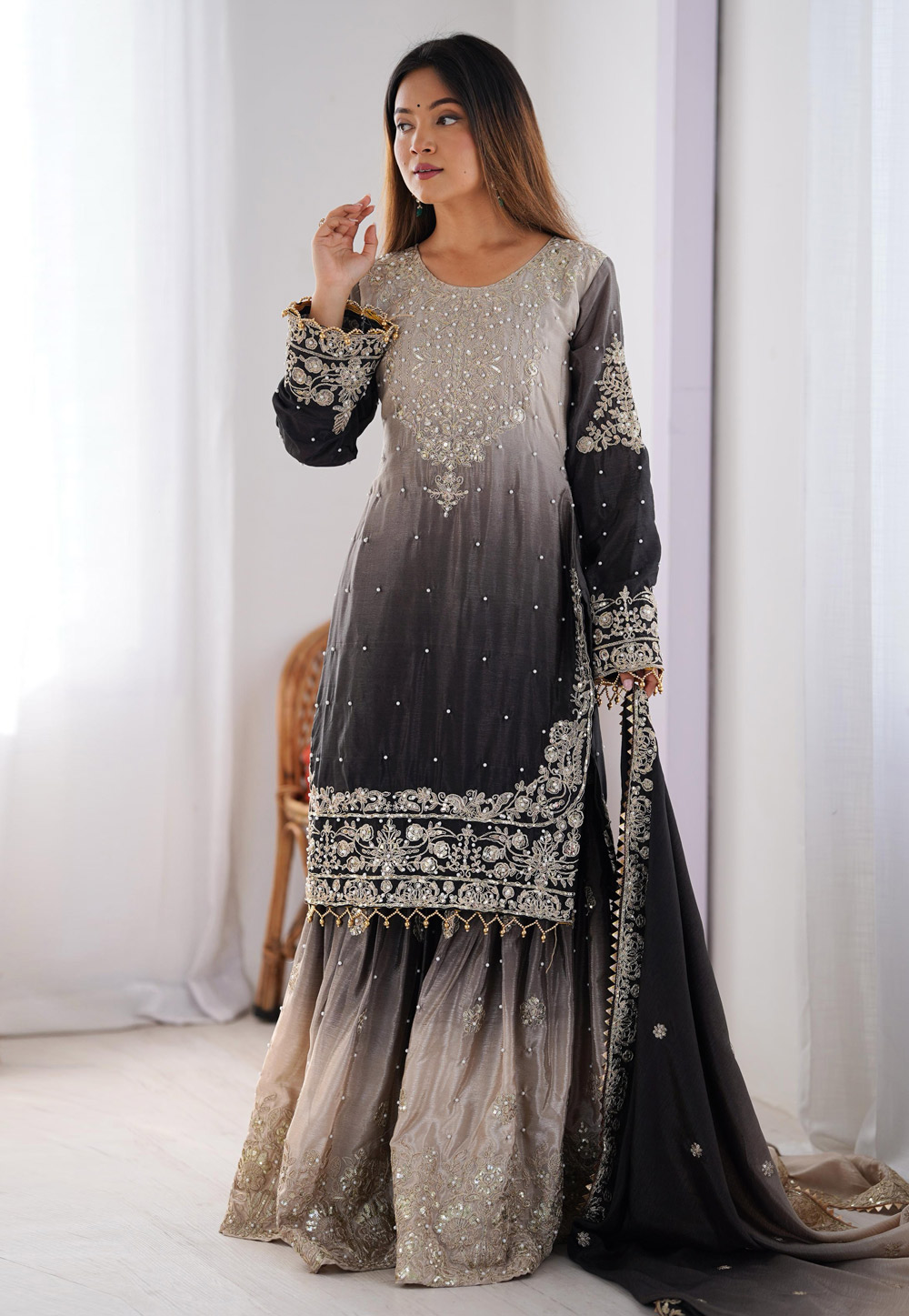 Black Chinon Silk Readymade Sharara Suit 310721