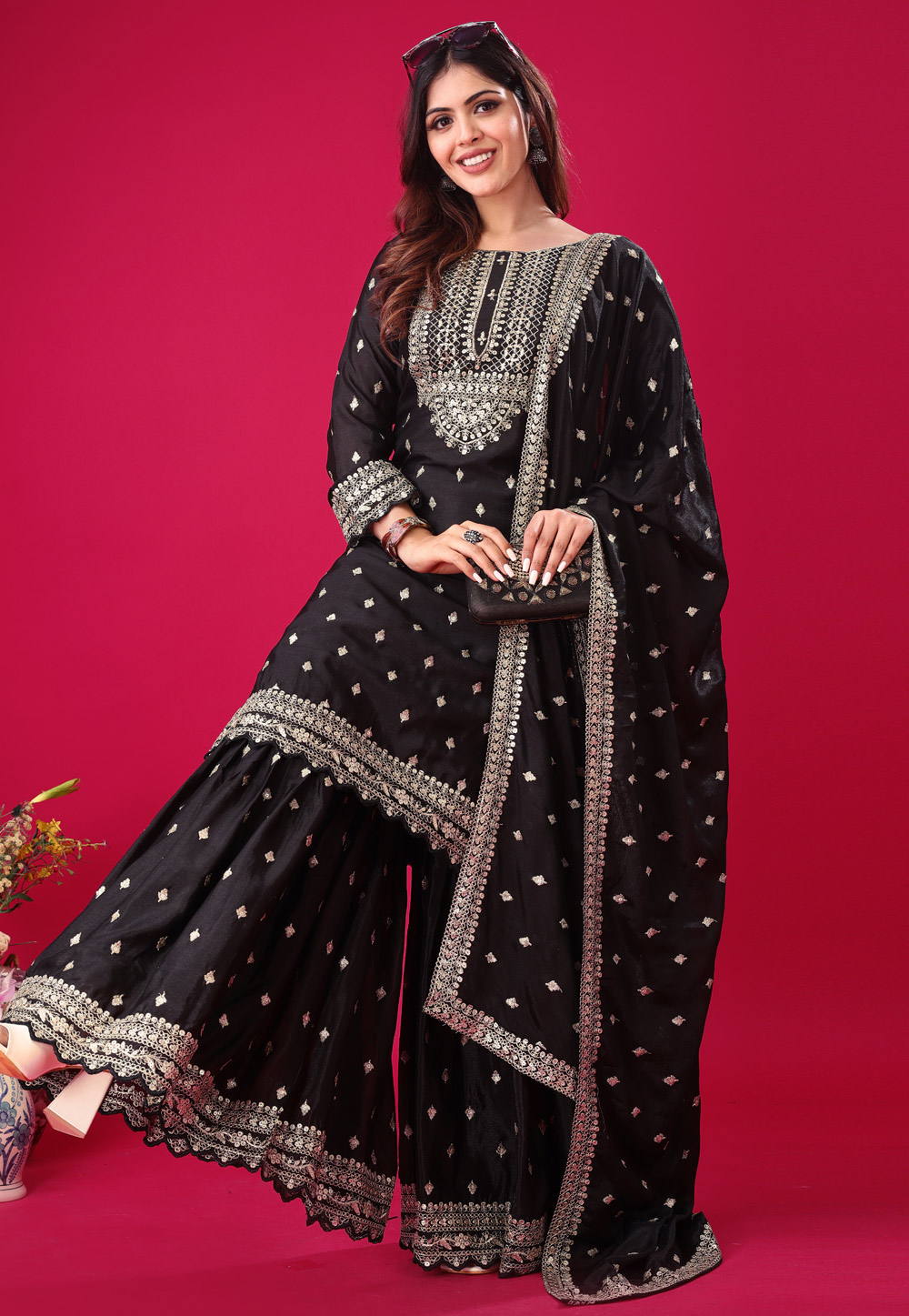 Black Chinon Silk Readymade Sharara Suit 308153
