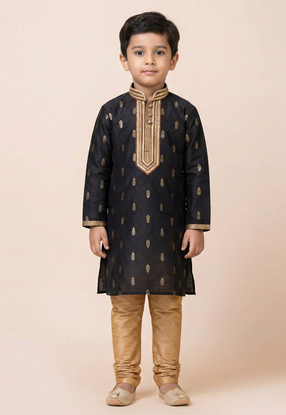 Black Cotton Jacquard Kids Kurta Pajama 322626