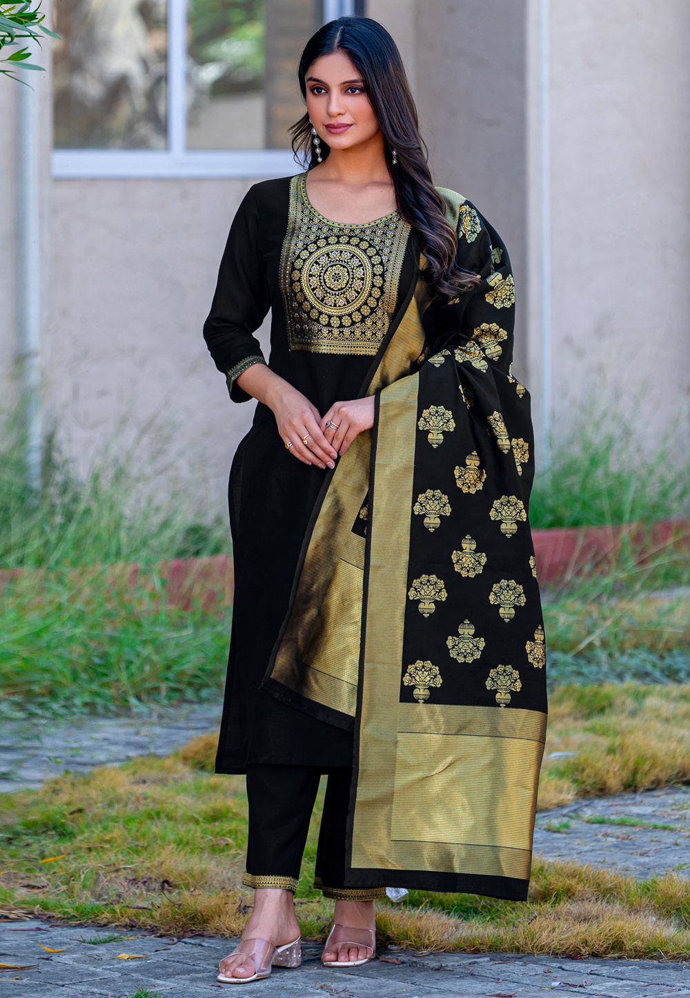 Black Cotton Jacquard Readymade Pant Style Suit 321868