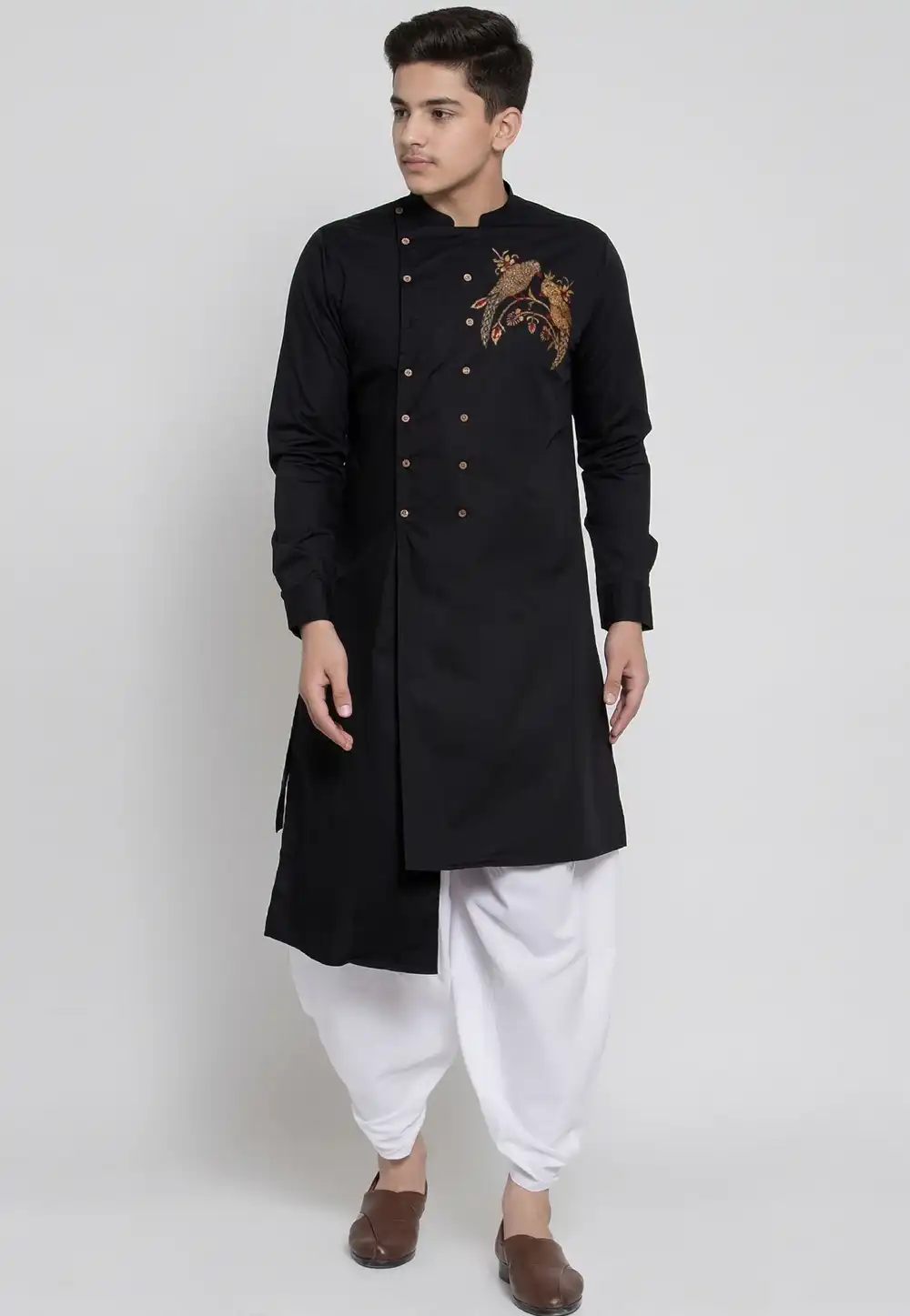 Black Cotton Kids Dhoti Kurta 329310