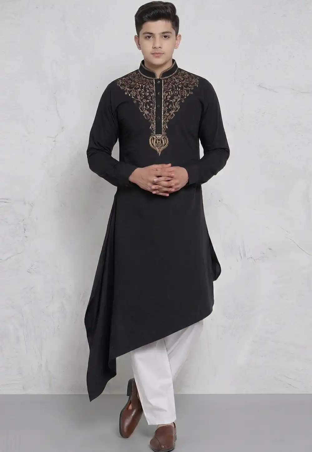 Black Cotton Kids Kurta Pajama 329314