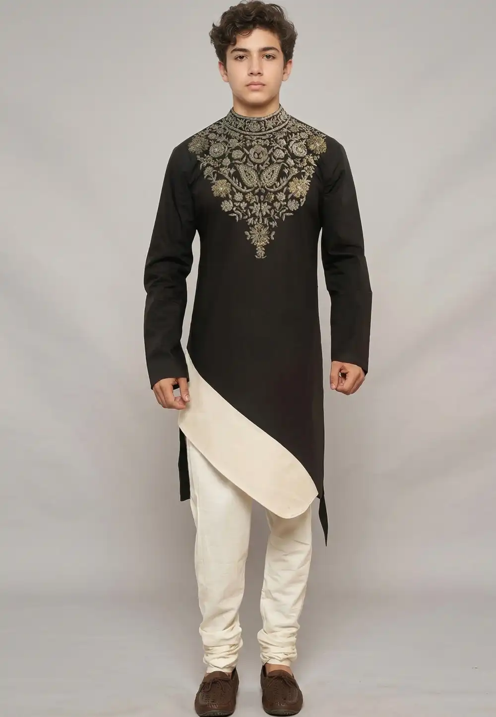 Black Cotton Kids Kurta Pajama 329317