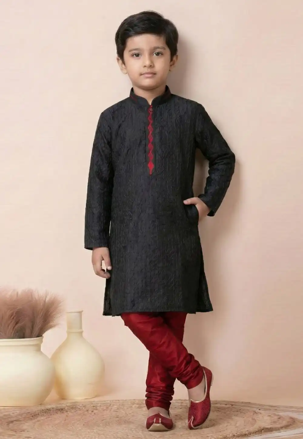 Black Cotton Kids Kurta Pajama 322283