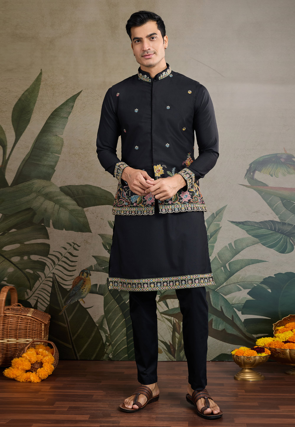 Black Cotton Kurta Pajama With Jacket 311432