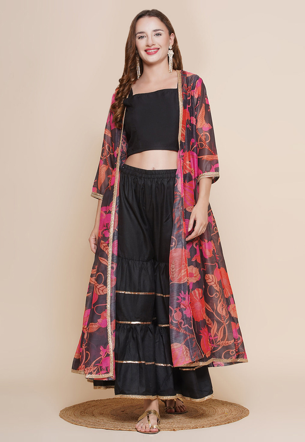 Black Cotton Kurta Set With Jacket 281444