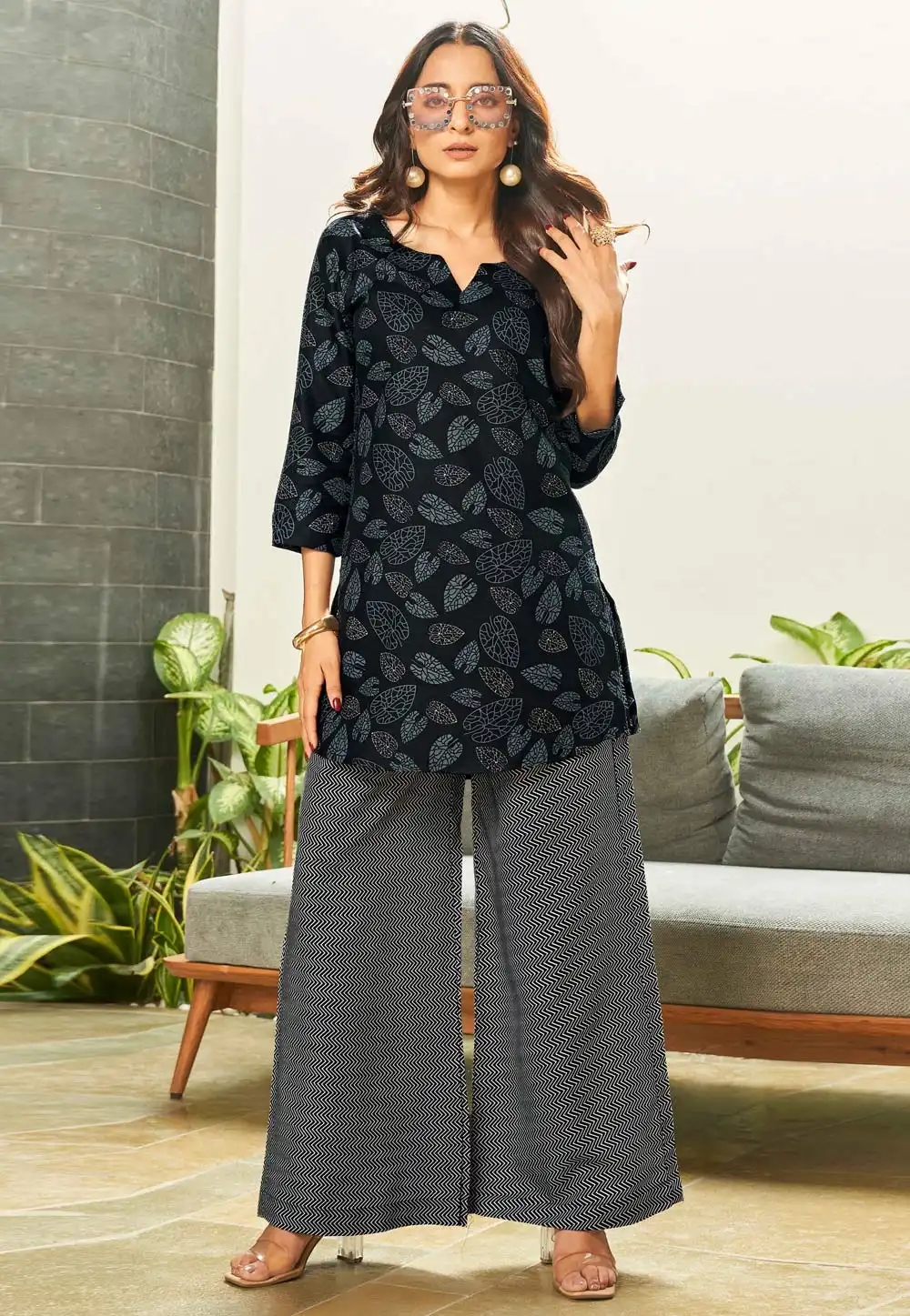 Black Cotton Kurta Set With Palazzo 328641
