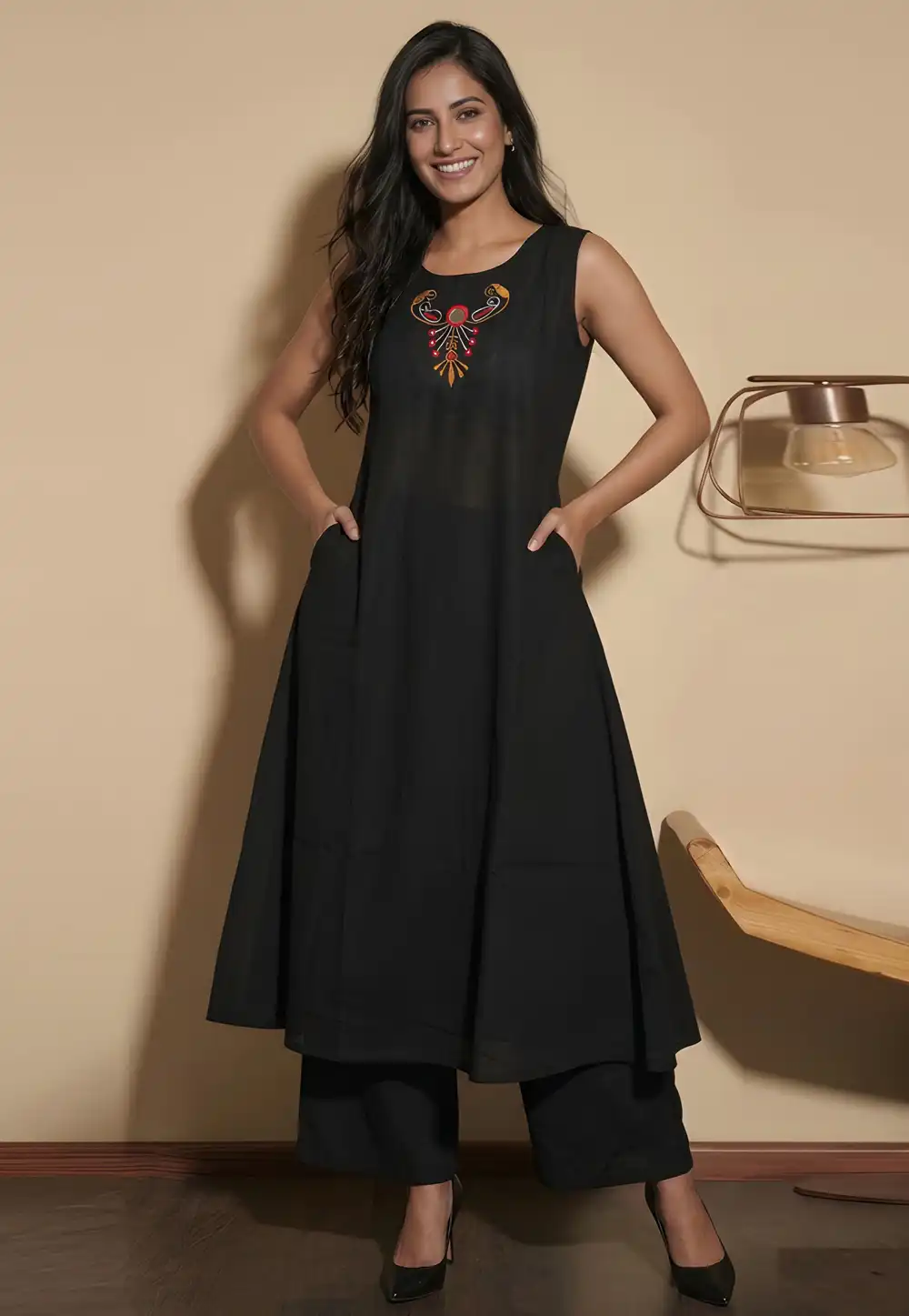 Black Cotton Kurta Set With Palazzo 330621