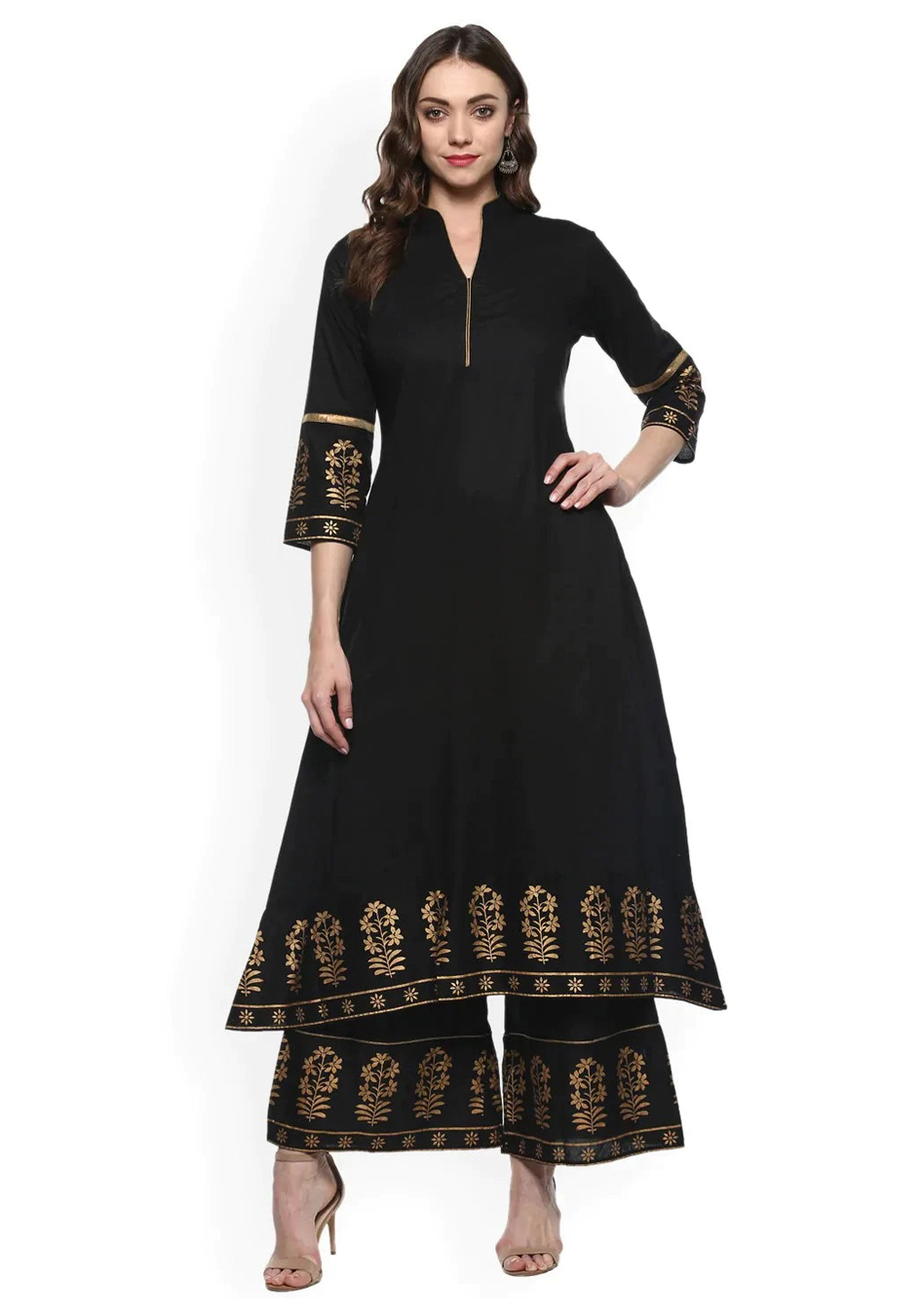 Black Cotton Kurta Set With Palazzo 281328