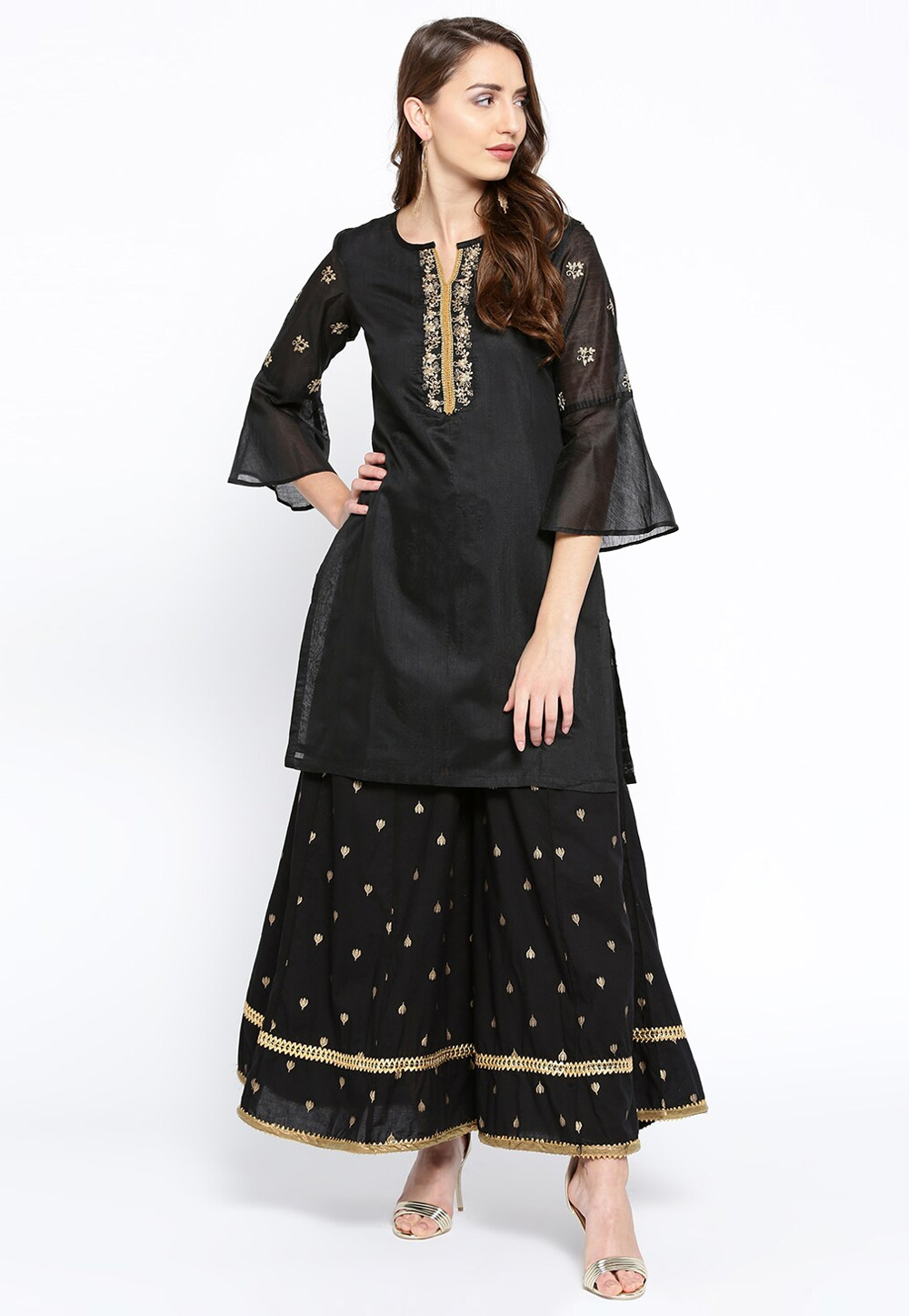 Black Cotton Kurta Set With Palazzo 281336