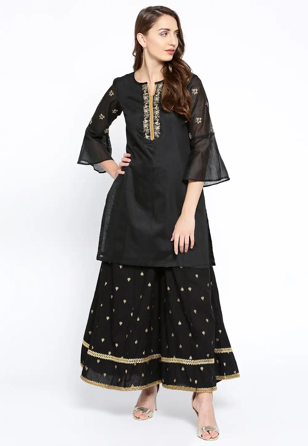 Black Cotton Kurta Set With Palazzo 281336
