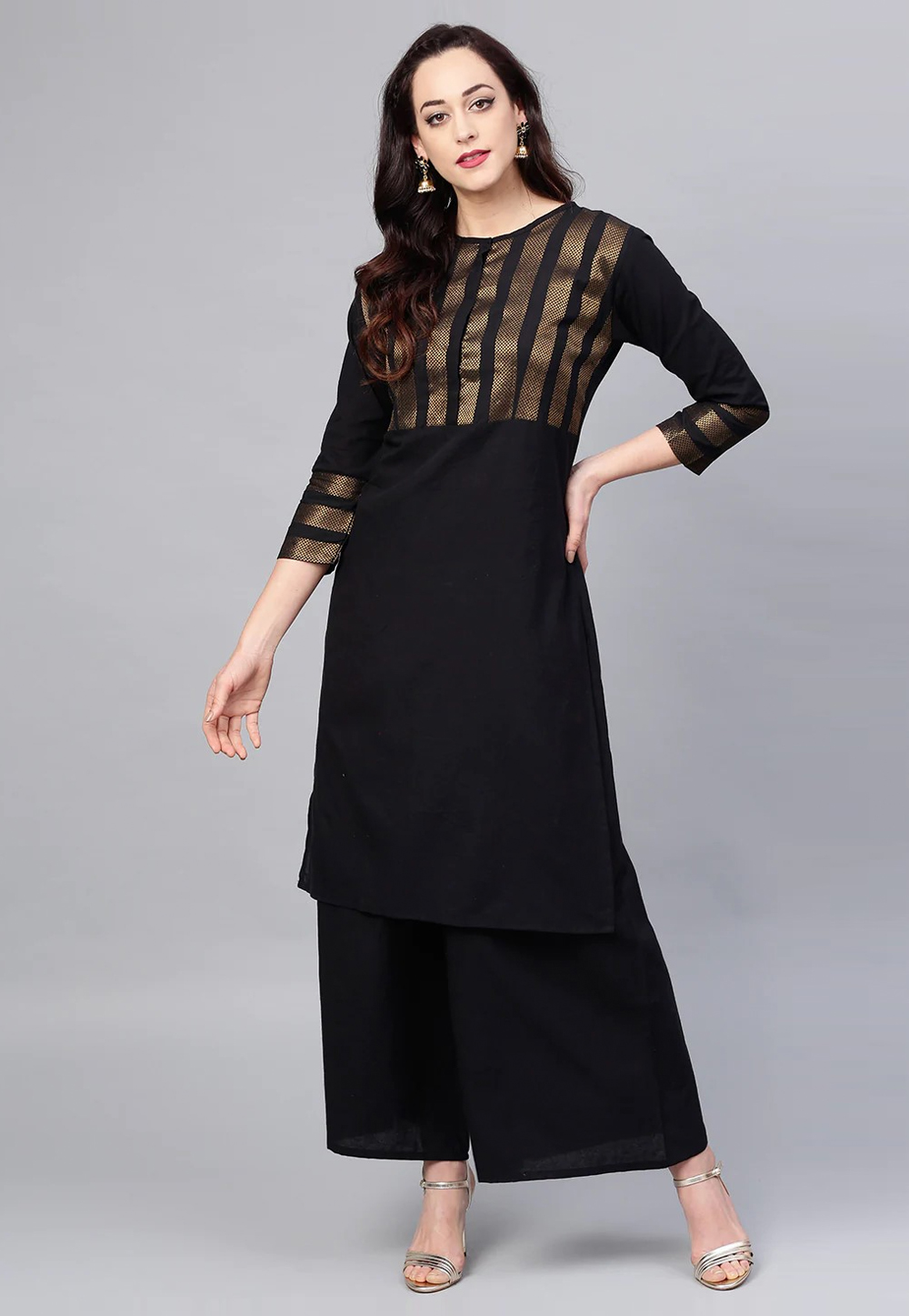 Black Cotton Kurta Set With Palazzo 281339
