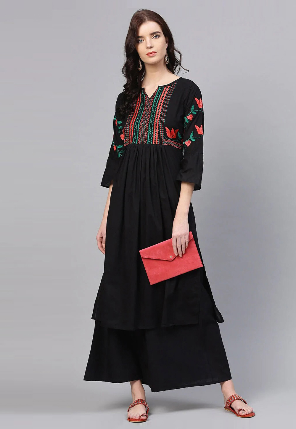 Black Cotton Kurta Set With Palazzo 281344