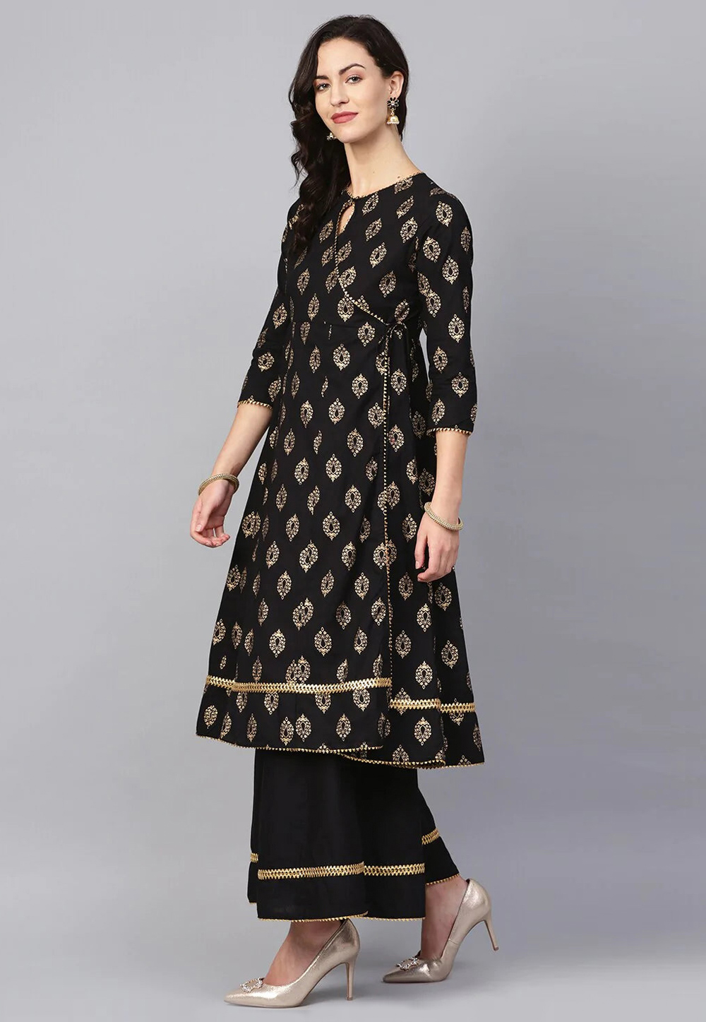 Black Cotton Kurta Set With Palazzo 281361
