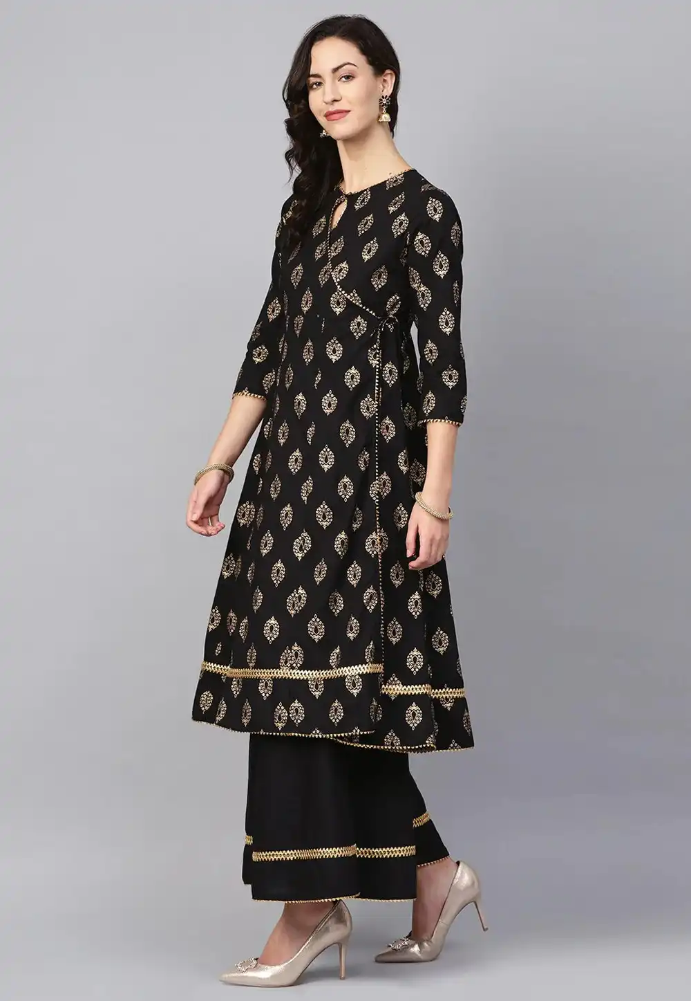 Black Cotton Kurta Set With Palazzo 281361