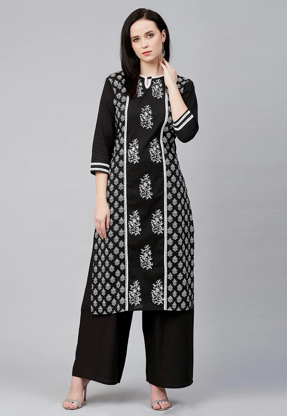 Black Cotton Kurta Set With Palazzo 281382