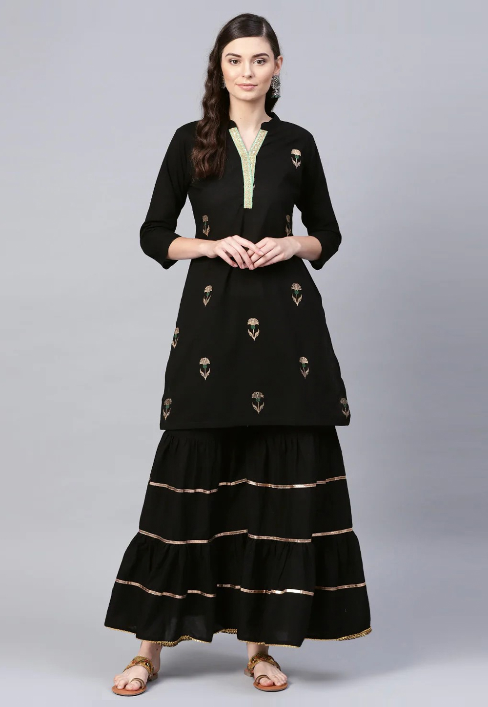Black Cotton Kurta Set With Sharara 281359