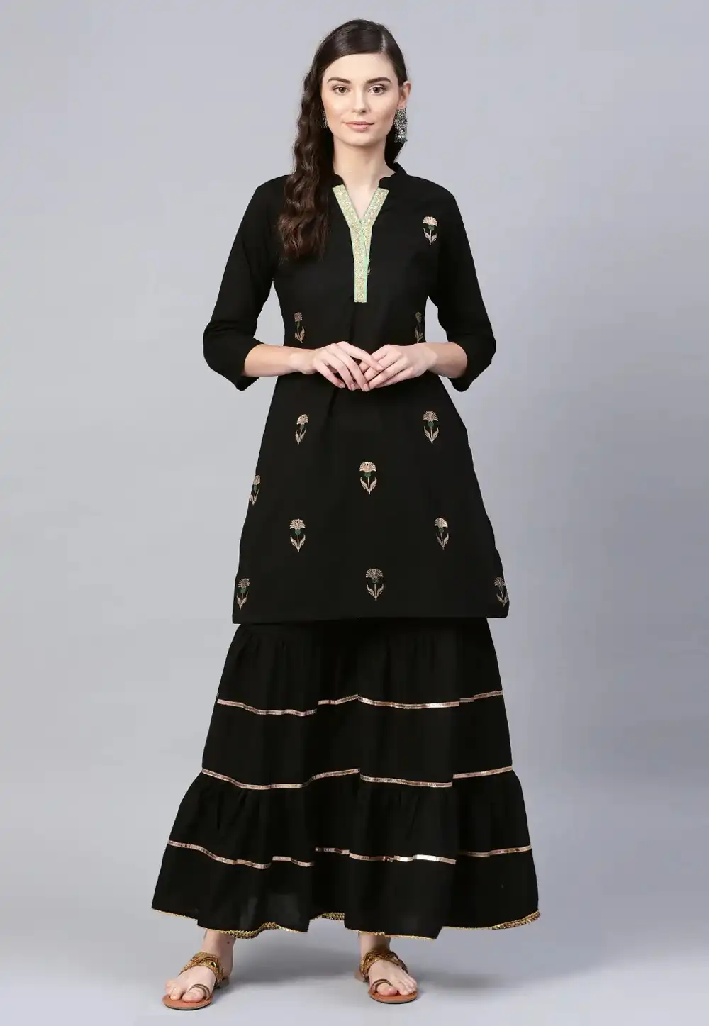 Black Cotton Kurta Set With Sharara 281359