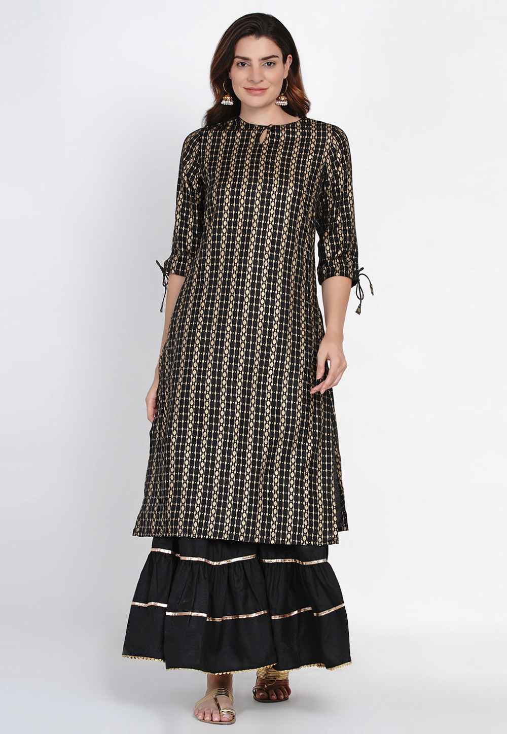 Black Cotton Kurta Set With Sharara 281397