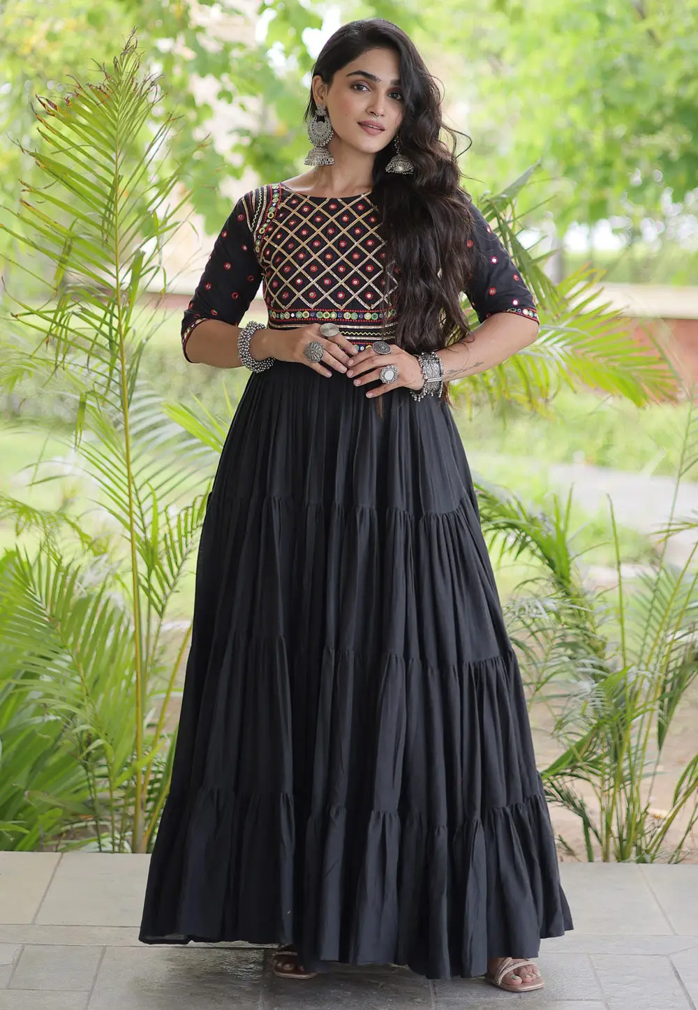 Black Cotton Navratri Wear Gown 333607