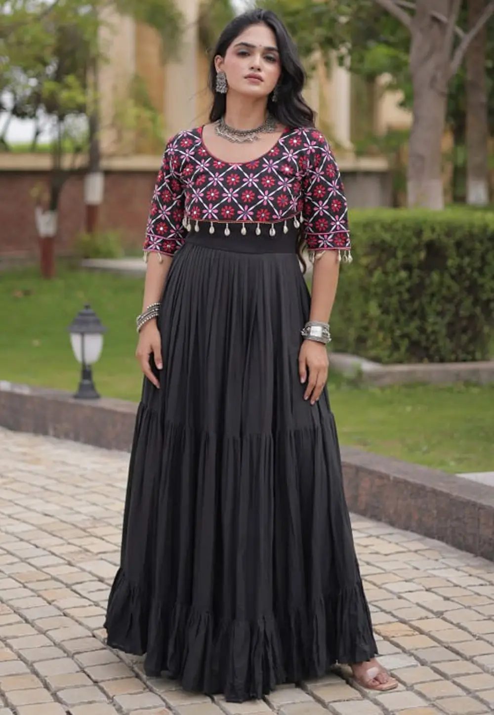 Black Cotton Navratri Wear Gown 335194