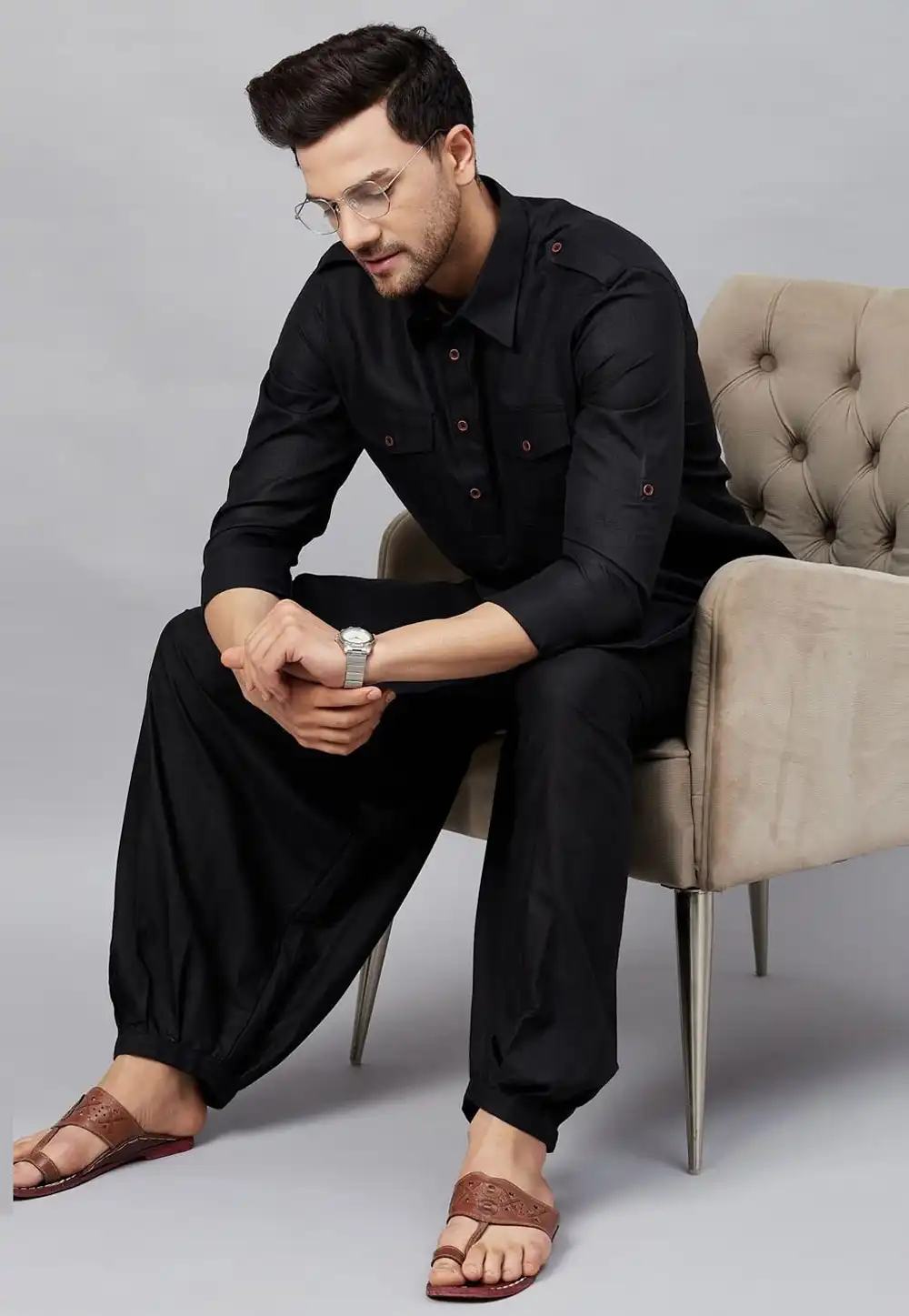 Black Cotton Pathani Suit 309754