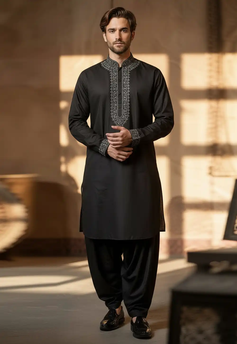 Black Cotton Pathani Suit 319977