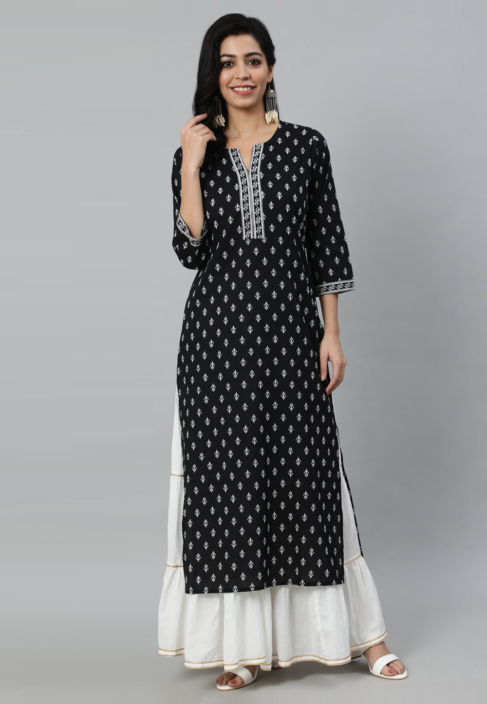 Black Cotton Printed Long Kurti 282681