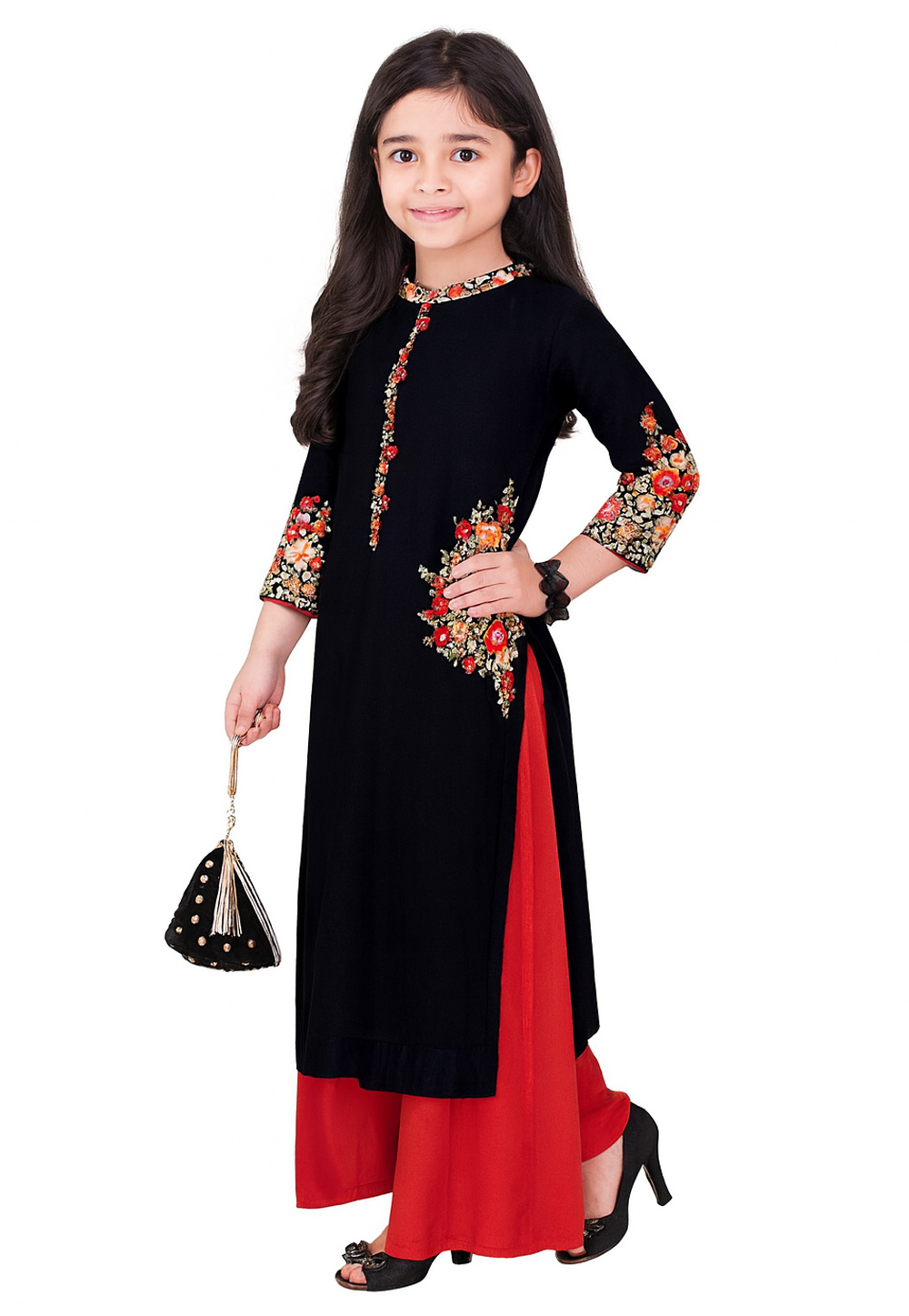 Black Cotton Rayon Kids Palazzo Suit 320588