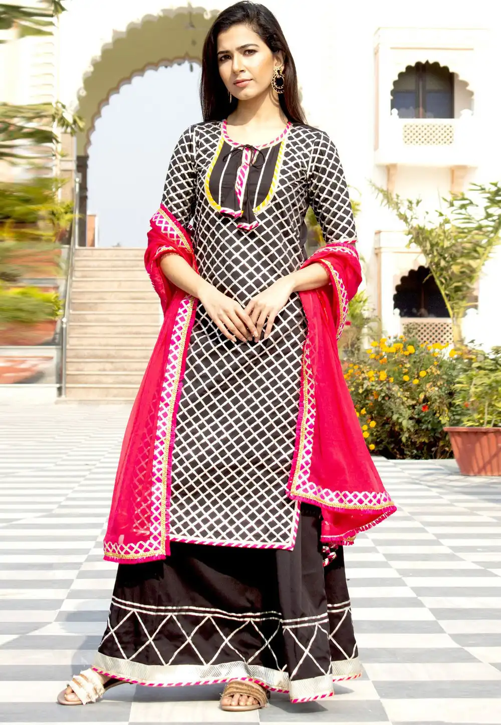 Black Cotton Rayon Readymade Palazzo Suit 310314