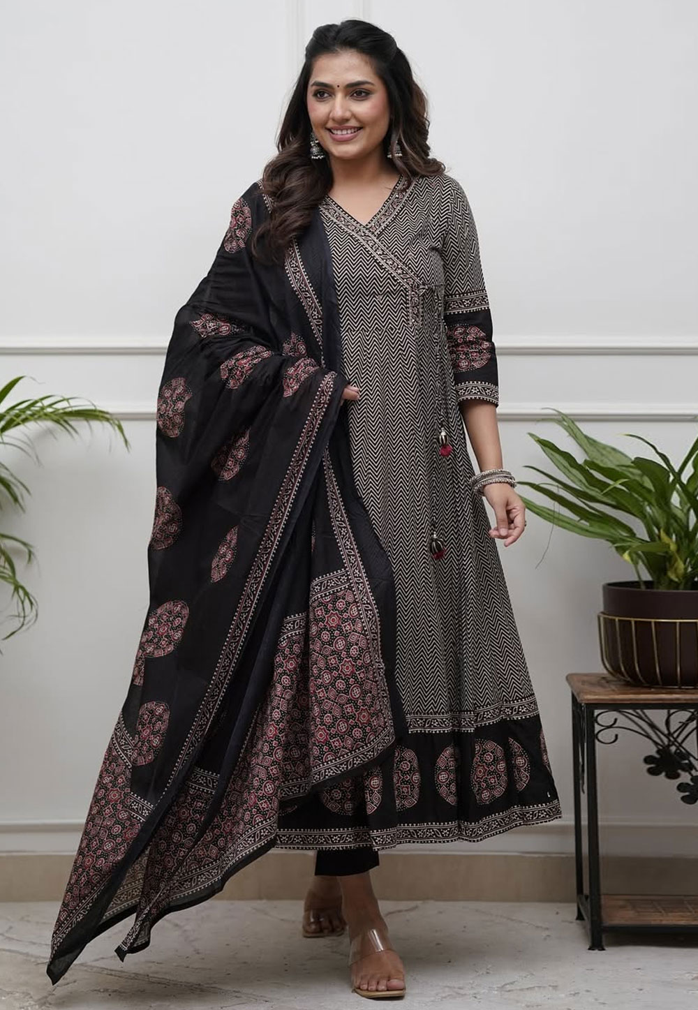 Black Cotton Readymade Anarkali Suit 312707