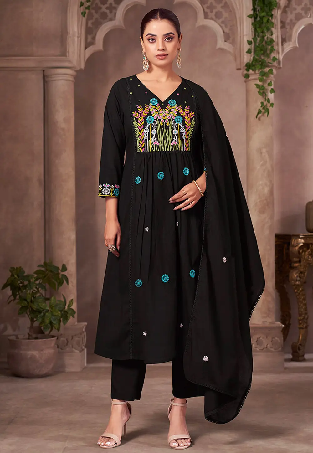 Black Cotton Readymade Anarkali Suit 334214