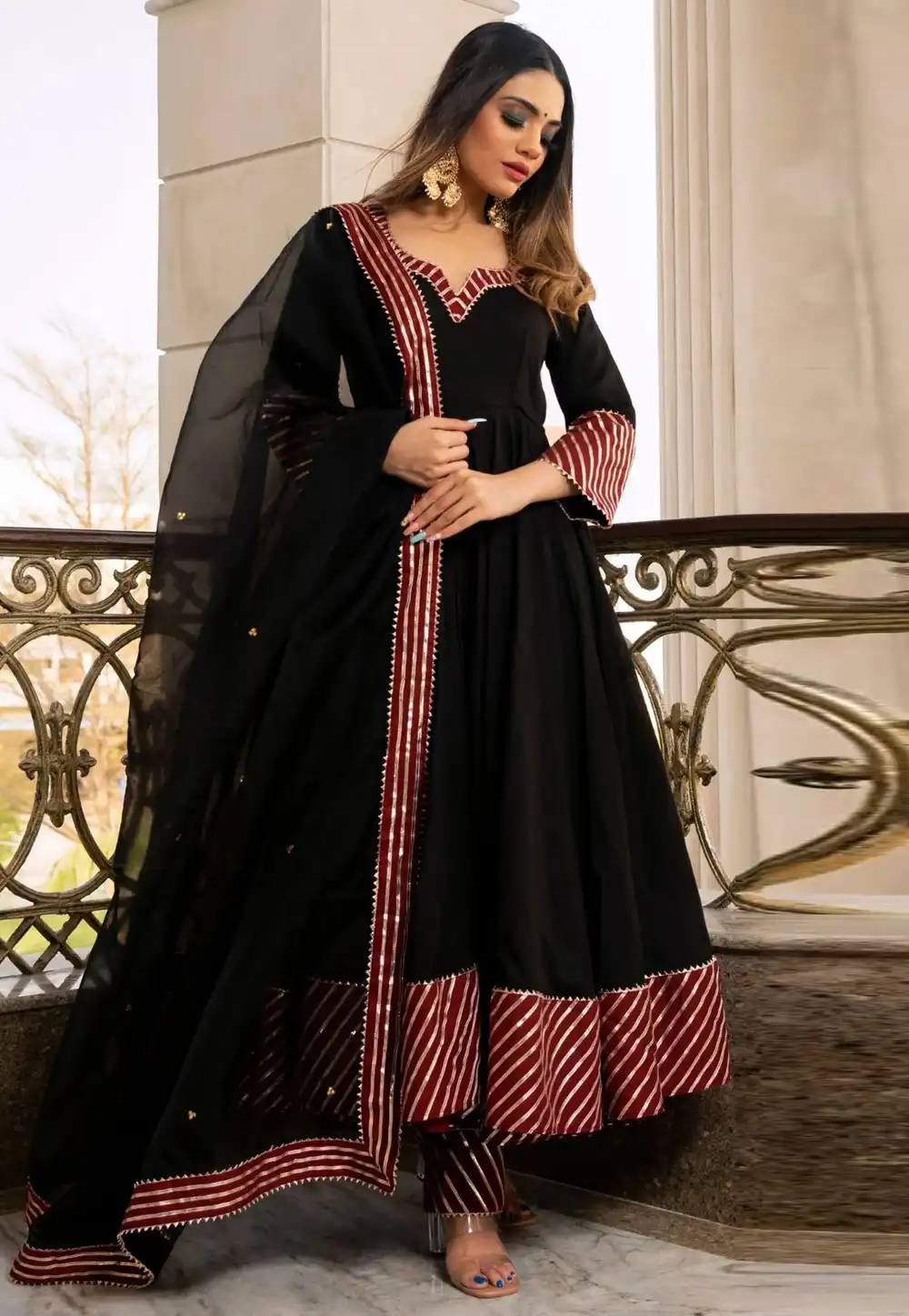 Black Cotton Readymade Anarkali Suit 330310