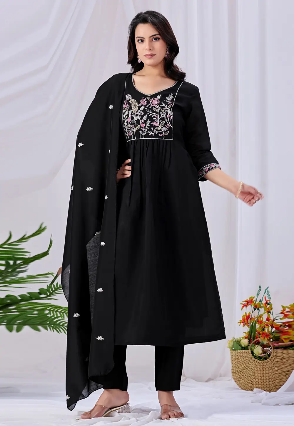 Black Cotton Readymade Anarkali Suit 331314