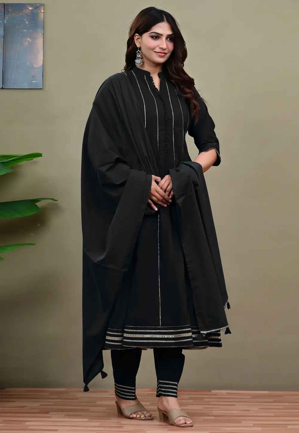 Black Cotton Readymade Anarkali Suit 335811