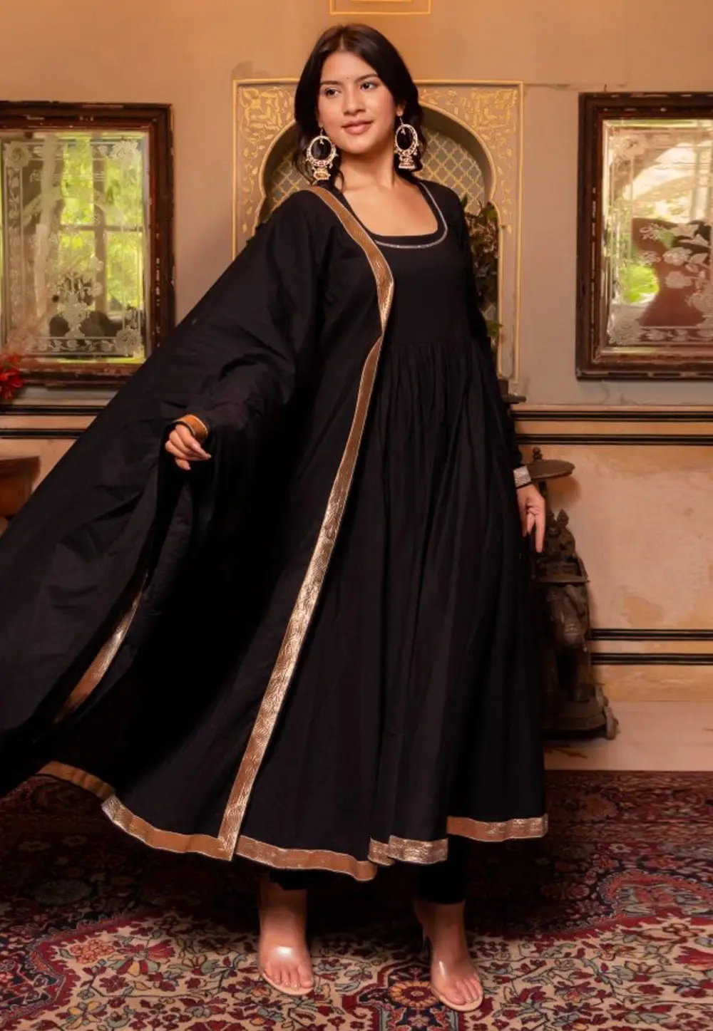 Black Cotton Readymade Long Anarkali Suit 334702