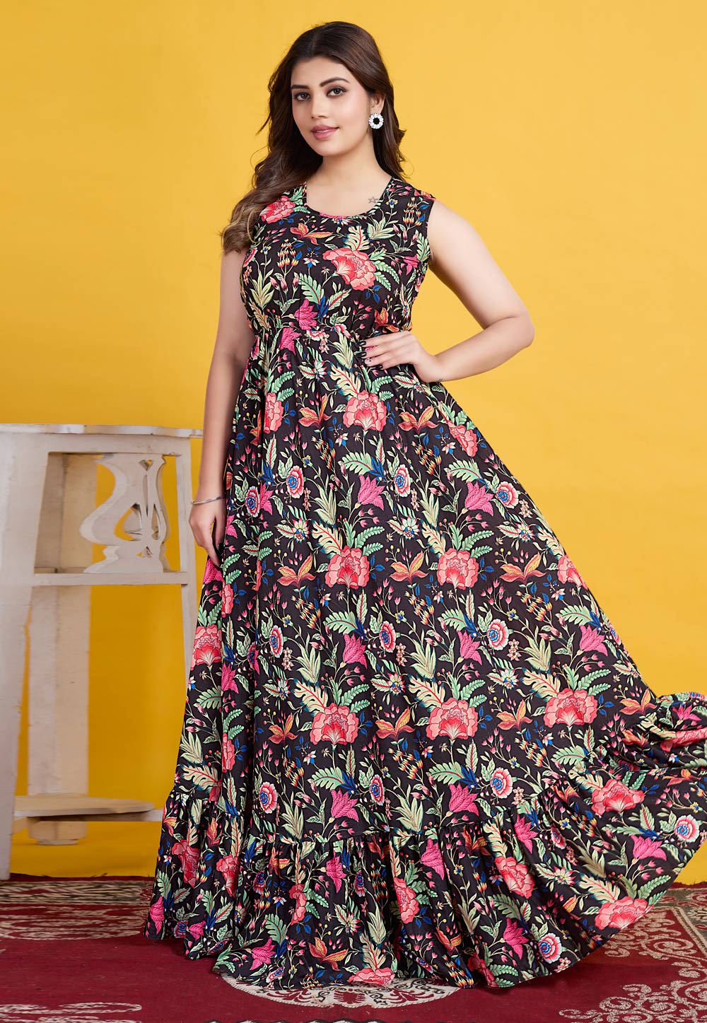 Black Cotton Readymade Long Anarkali Suit 307049